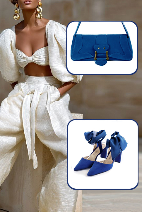 Dress closed-toe heels ankle scarf in electric blue and prussian blue leather with medium spool heels and tapered toe - Top view